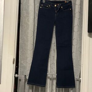 Tory Burch Dark Indigo Flare Jeans with Gold Hardware